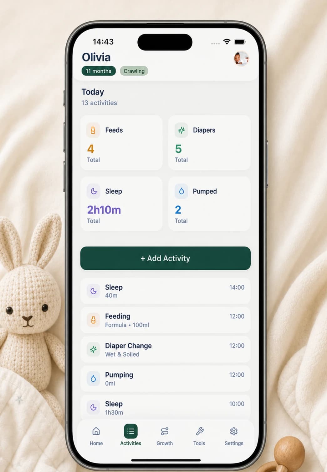 Buggy’s daily journal with activity totals and a chronological timeline